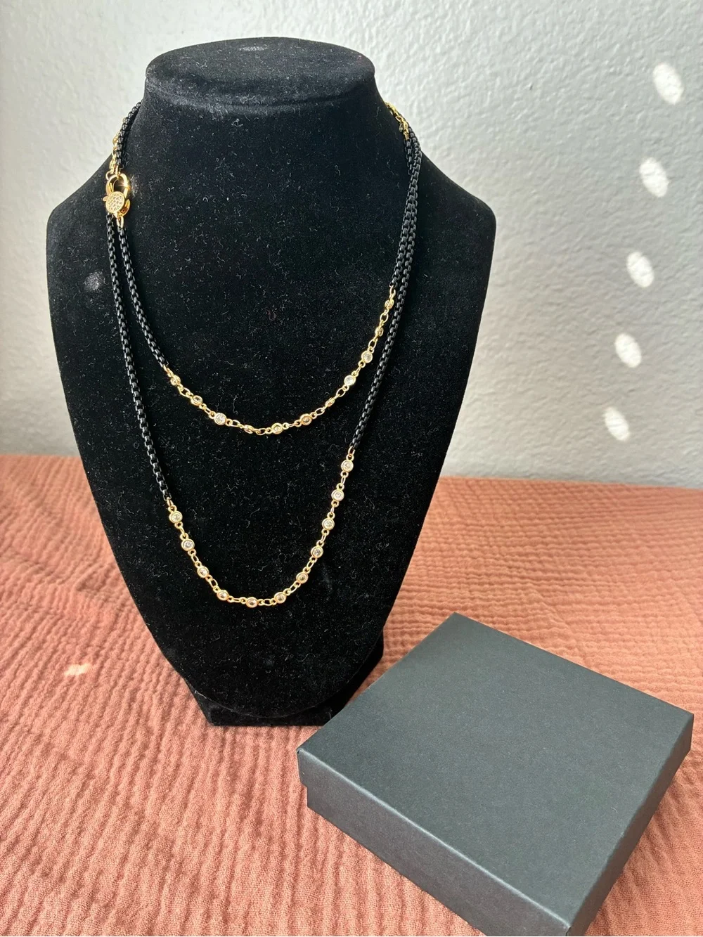 Gold and Black Layered Chain Necklace about 33”
